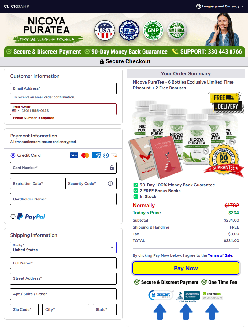 Nicoya PuraTea order page